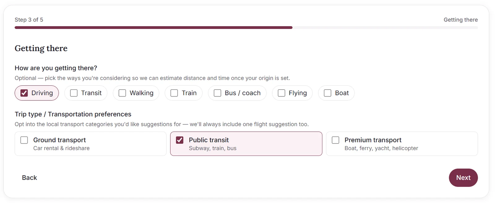 Getting there step with Driving and Public transit selected