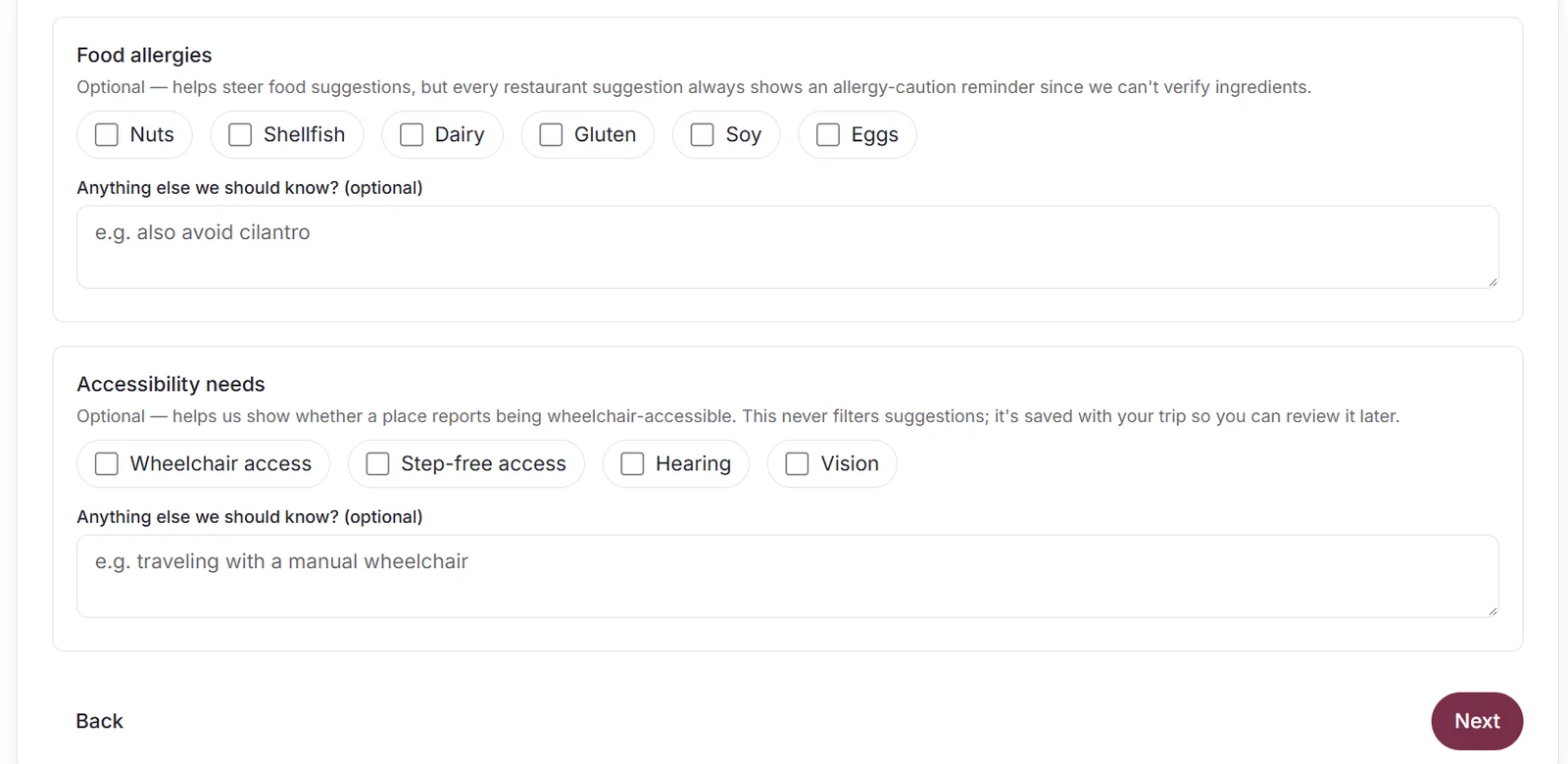 Food allergy and accessibility options in BaecationMe's preferences step