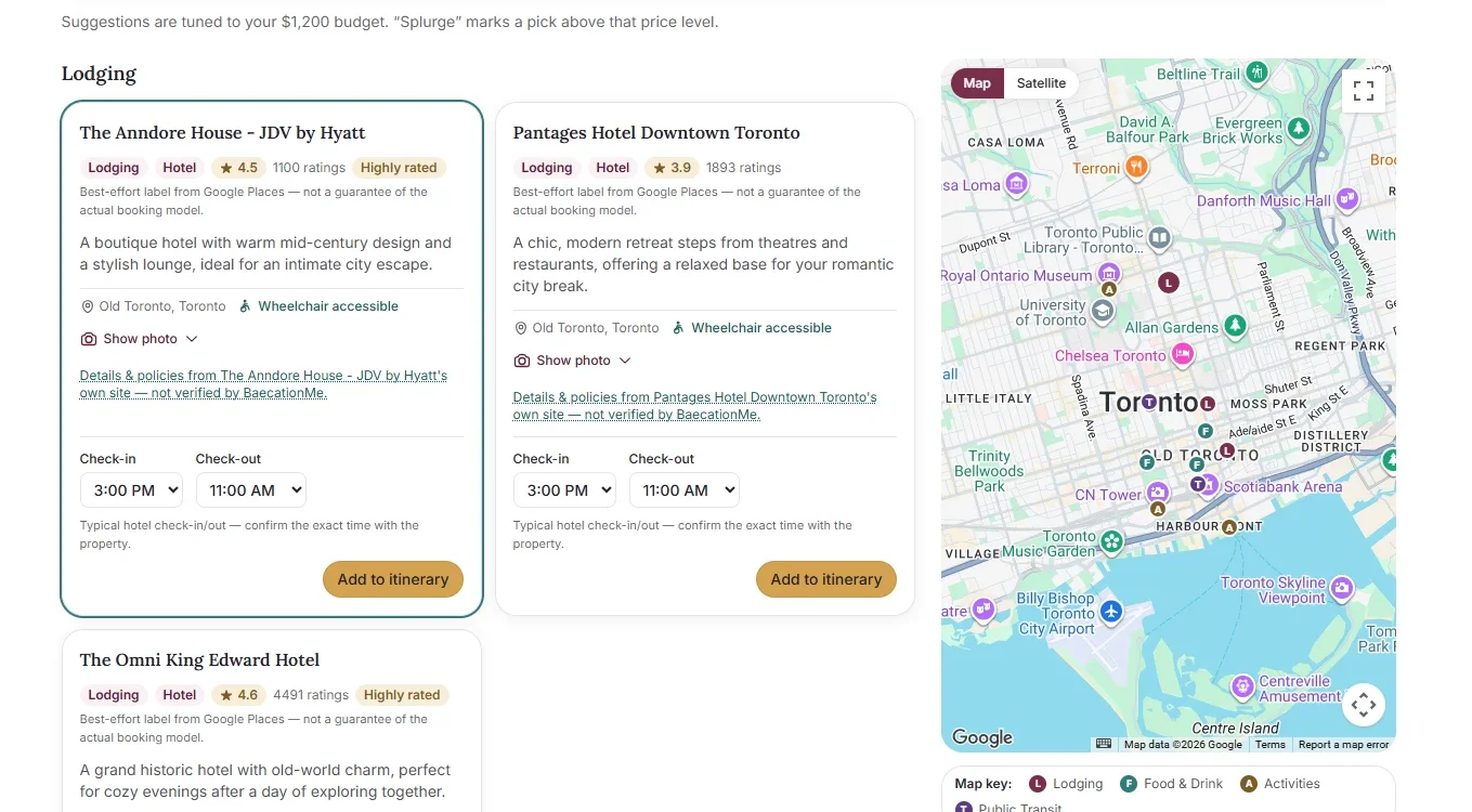 Lodging suggestions for Toronto beside a map of suggested places
